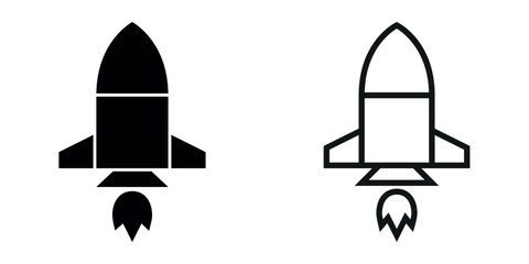 Black rocket icon illustration vector design set. Business start-up symbol. Rocket launching sign. Filled and outline version.