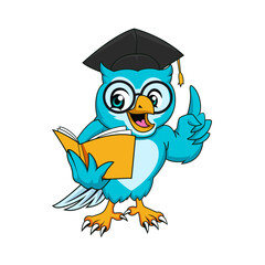 Cute Blue Owl Mascot Wearing Graduation Cap Reading Book
