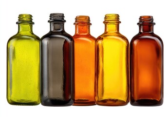 Five rectangular glass bottles in varying colors against a white background