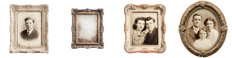Vintage portrait frames displaying black and white family photos on transparent background
