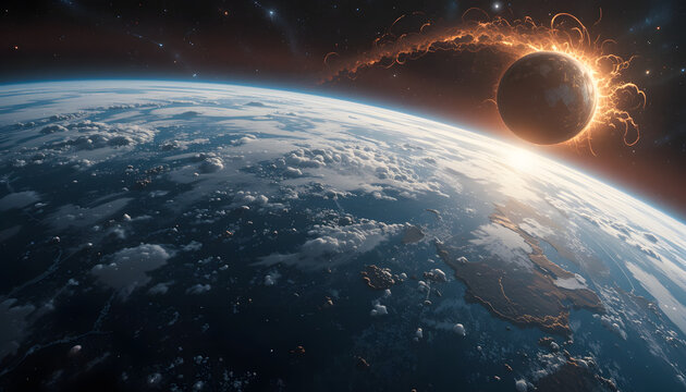 Stunning view of Earth from space with a dramatic solar flare illuminating the planet's horizon. - Powered by Adobe