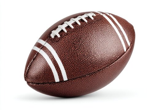 Close-up of a brown leather American football, positioned diagonally, against a white background. Stitched seams are visible
