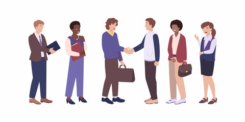 Obraz premium Diverse group of business professionals collaborating and shaking hands in a modern office setting