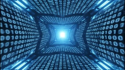 Dynamic digital tunnel of glowing binary code accelerates into bright futuristic light representing data flow and technological advancement - Powered by Adobe
