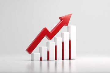 Red arrow upward trending bar graph on a white background