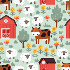Seamless pattern with green meadow, farm houses, cows, flock of sheep and plants.