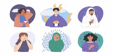 Fototapeta premium Diverse group of people experiencing various negative emotions and weather conditions