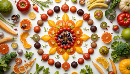 Vibrant, fresh produce arranged in a stunning, colorful mosaic pattern, perfect for healthy eating campaigns.