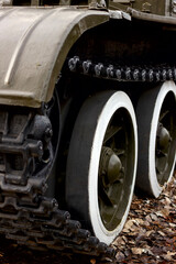 Close-up of the wheels of a tracked tank