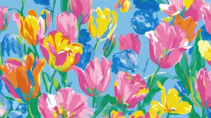 色とりどりのチューリップの明るいパターンと明るい背景