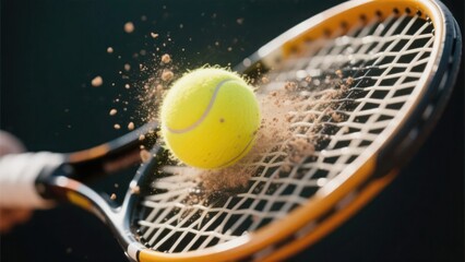 Tennis ball hitting racket with dirt spraying in dramatic sports action