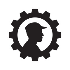 Worker in gear icon. Industrial engineer or mechanic silhouette symbol for manufacturing and labor.
