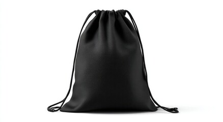 A simple black drawstring bag, seemingly made of a smooth, possibly leather-like material, sits against a stark white background. The bag is cylindrical with a gathered top and long cords