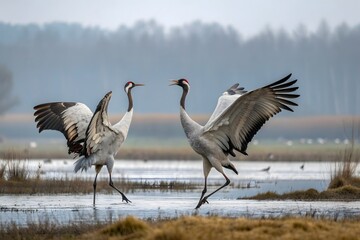 Fototapeta premium Two cranes are dancing in the water, creating ripples as they stand against each other with their wings extended.