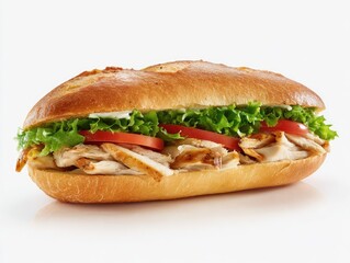 A long, light-brown sandwich, filled with grilled chicken, lettuce, and tomato slices, is presented against a white background