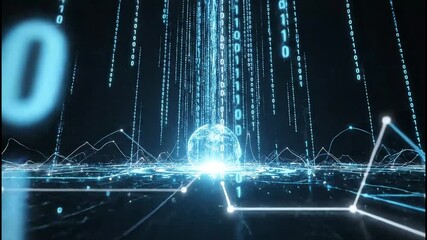 Dynamic digital stream of binary code cascades onto glowing data sphere in futuristic network visualization - Powered by Adobe