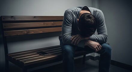 A despondent and lonely man sits hunched over on a wooden bench in a dark room, consumed by sadness and despair.