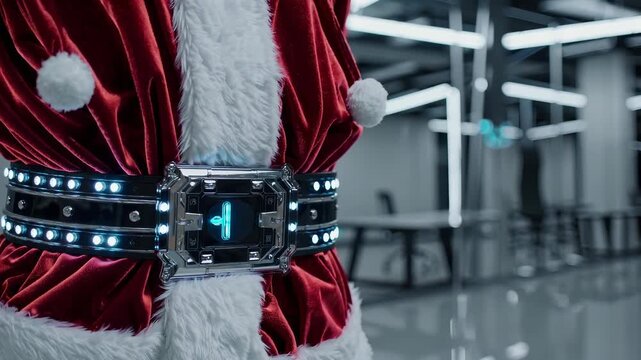 Close-up of futuristic Santa Claus belt glowing with high-tech digital lights, symbolizing modern Christmas innovations. Santa&rsquo;s advanced smart belt with glowing blue interface