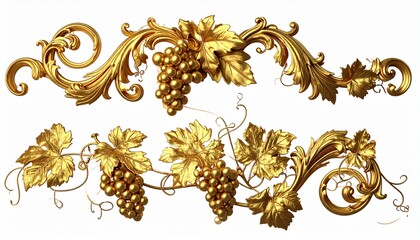 3D render of an elegant golden baroque ornament with grapevine elements, luxury vintage decorative flourish isolated on white background