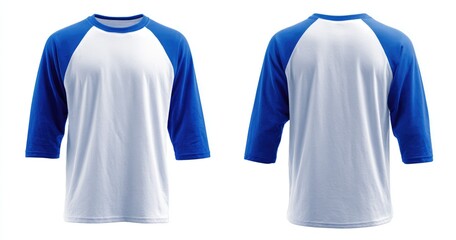 Blank, white, baseball-style tee shirt with royal blue sleeves.  Front and back views presented side-by-side on a white background