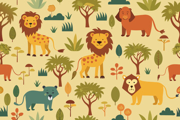 Fototapeta premium Whimsical safari adventure awaits with this charming lion pattern, perfect for kids' projects, textiles, and delightful decor, a touch of jungle fun