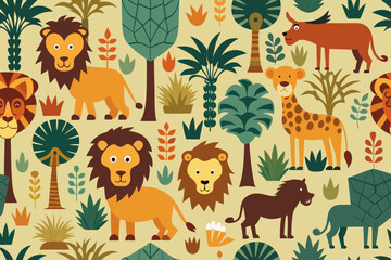 Naklejka premium Whimsical jungle pattern featuring lions, giraffes, and abstract trees perfect for children's decor, playful textiles, and charming stationery designs