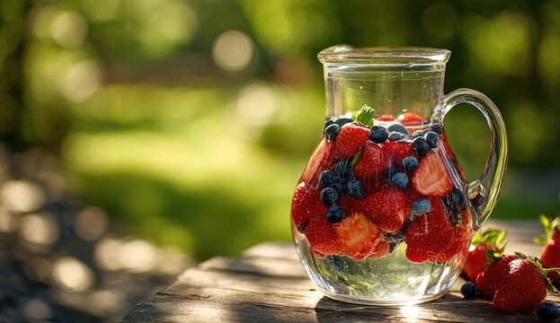 Refreshing fruit infused water in a clear glass pitcher, set on a rustic wooden table outdoors