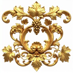 3D render of an elegant golden baroque ornament with grapevine elements, luxury vintage decorative flourish isolated on white background