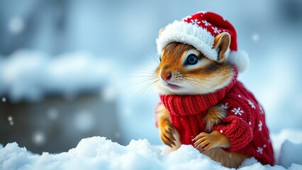 Chipmunk in snow with winter clothes like Santa Claus
