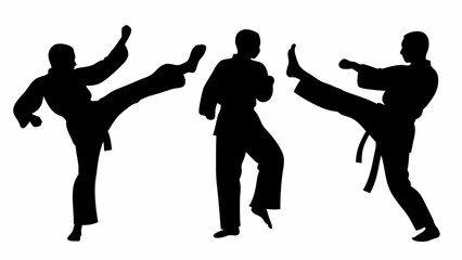 Three martial artists in black silhouette performing kicking stances against a white color background image