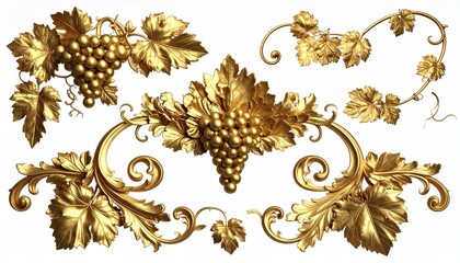 3D render of an elegant golden baroque ornament with grapevine elements, luxury vintage decorative flourish isolated on white background