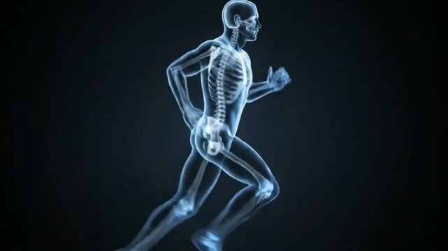 Human skeleton running pose blue x-ray style anatomy illustration with dark background