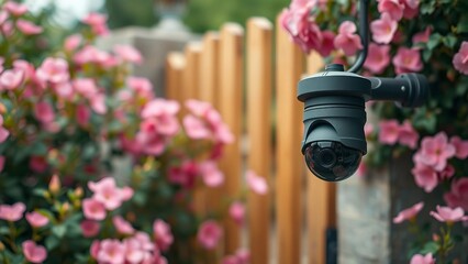 Security camera mounted near garden gate surrounded by blooming pink flowers