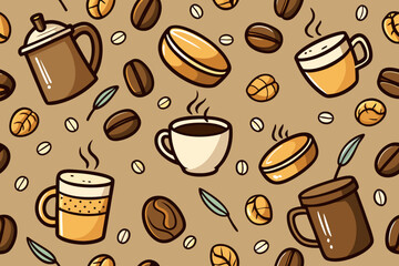 Obraz premium Whimsical coffee pattern featuring steaming mugs, fresh beans, and aromatic leaves, perfect for cafe designs, menu backgrounds, or delightful food-themed projects