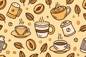 Delightful coffee themed seamless pattern, perfect for menu designs, cafe branding, or a cozy coffee shop wallpaper, radiating warmth and inviting coffee vibes