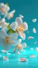 青い背景に白い花のクローズアップと花びら