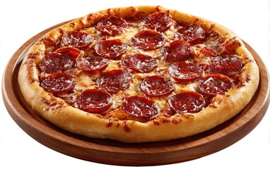 Round pizza with pepperoni and cheese on a wooden platter (1)