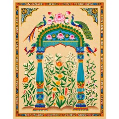 Traditional Thai temple wall painting featuring ancient gold patterns and religious decorations