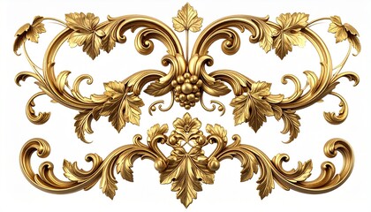 3D render of an elegant golden baroque ornament with grapevine elements, luxury vintage decorative flourish isolated on white background
