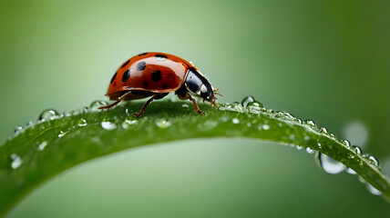 Fototapeta premium Macro shot of a ladybug on a green leaf with dew drops