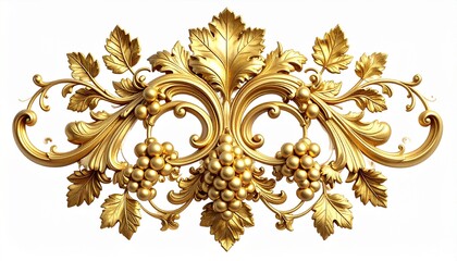 3D render of an elegant golden baroque ornament with grapevine elements, luxury vintage decorative flourish isolated on white background