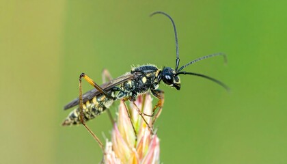Close-up of a wasp-like insect on a seed head