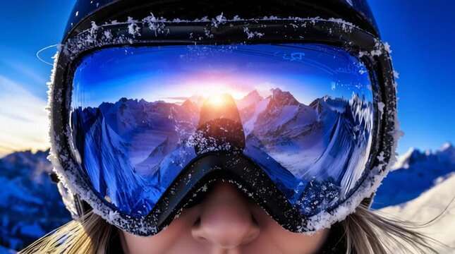 Mountain Vista Reflections: A close-up of a skier's goggles reveals a vibrant reflection of a snow-capped mountain landscape under a brilliant blue sky, capturing the essence of winter adventure.