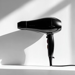 Sleek, black hair dryer with a curved nozzle and red accents, rests on a minimalist white surface, subtly illuminated by soft light