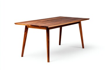 Mid-century modern wooden dining table, rich brown hue, simple design, rectangular top,  four tapered legs