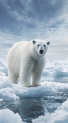 Fototapeta premium 氷の海に立つ白いホッキョクグマ、曇り空の背景