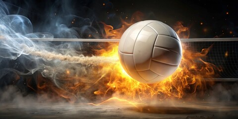 Fototapeta premium Fiery Volleyball Soaring Over the Net, Embracing the Intensity of Competition, a Dramatic Display of Athleticism and Power