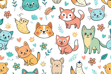 Adorable playful animal pattern featuring cute cats, dogs, foxes, and other sweet creatures perfect for children's designs and whimsical projects