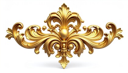 3D render of elegant golden baroque floral ornament with acanthus leaves, swirl and scroll carving, luxury vintage decorative flourish isolated on white background