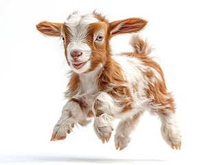 Fototapeta premium A playful baby goat leaps joyfully in mid air against a clean white background